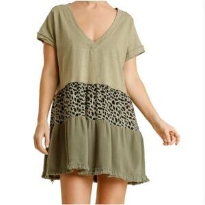UMGEE Olive Leopard Print Mixed Fabric Slub Dress / Tunic XL Cotton Linen Boho